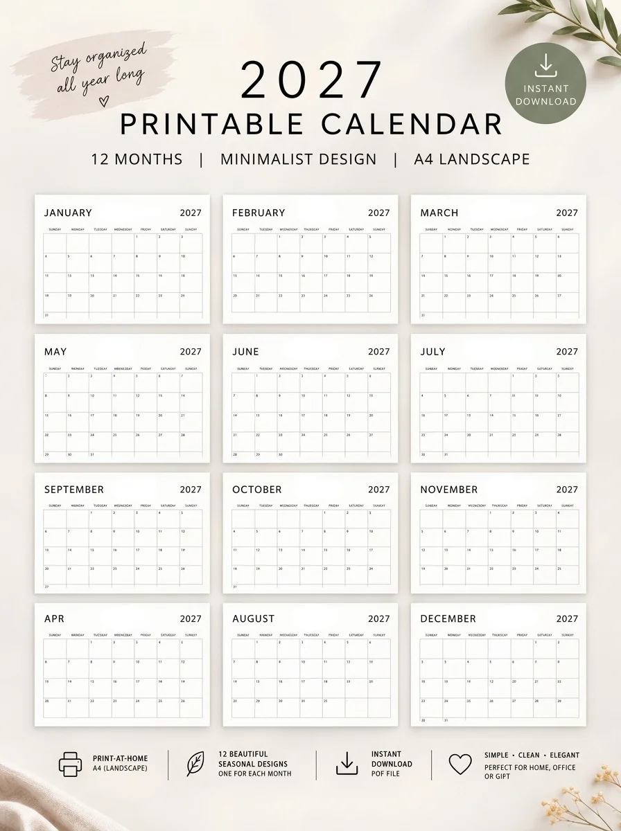 Free 2027 Minimalist Printable Calendar | A4 Landscape PDF | Monthly Wall Planner for Home, Office & Family Organization printable PDF download
