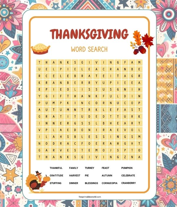 Free Thanksgiving Word Search Worksheet