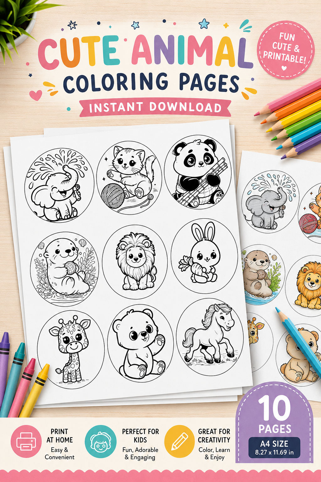 Free Cute Animal Coloring Pages (A4, 10 Pages) for Kids printable — PDF download