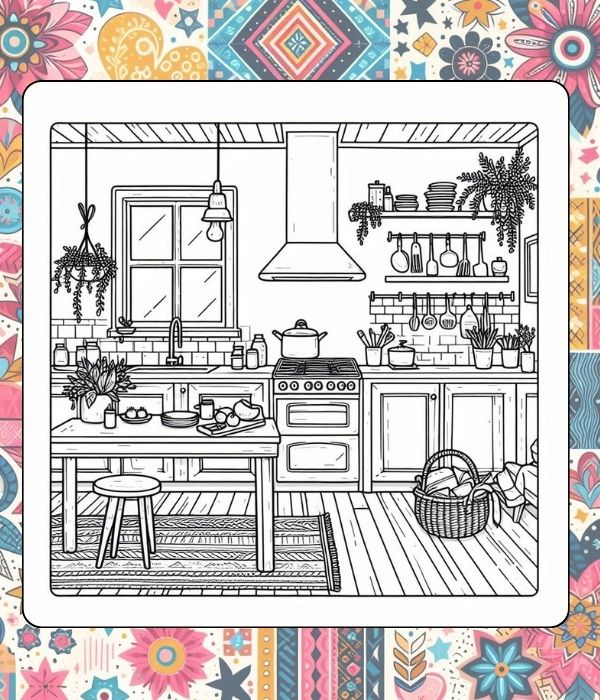 A Cozy Kitchen - 4 Cute Free Coloring Pages for Adults