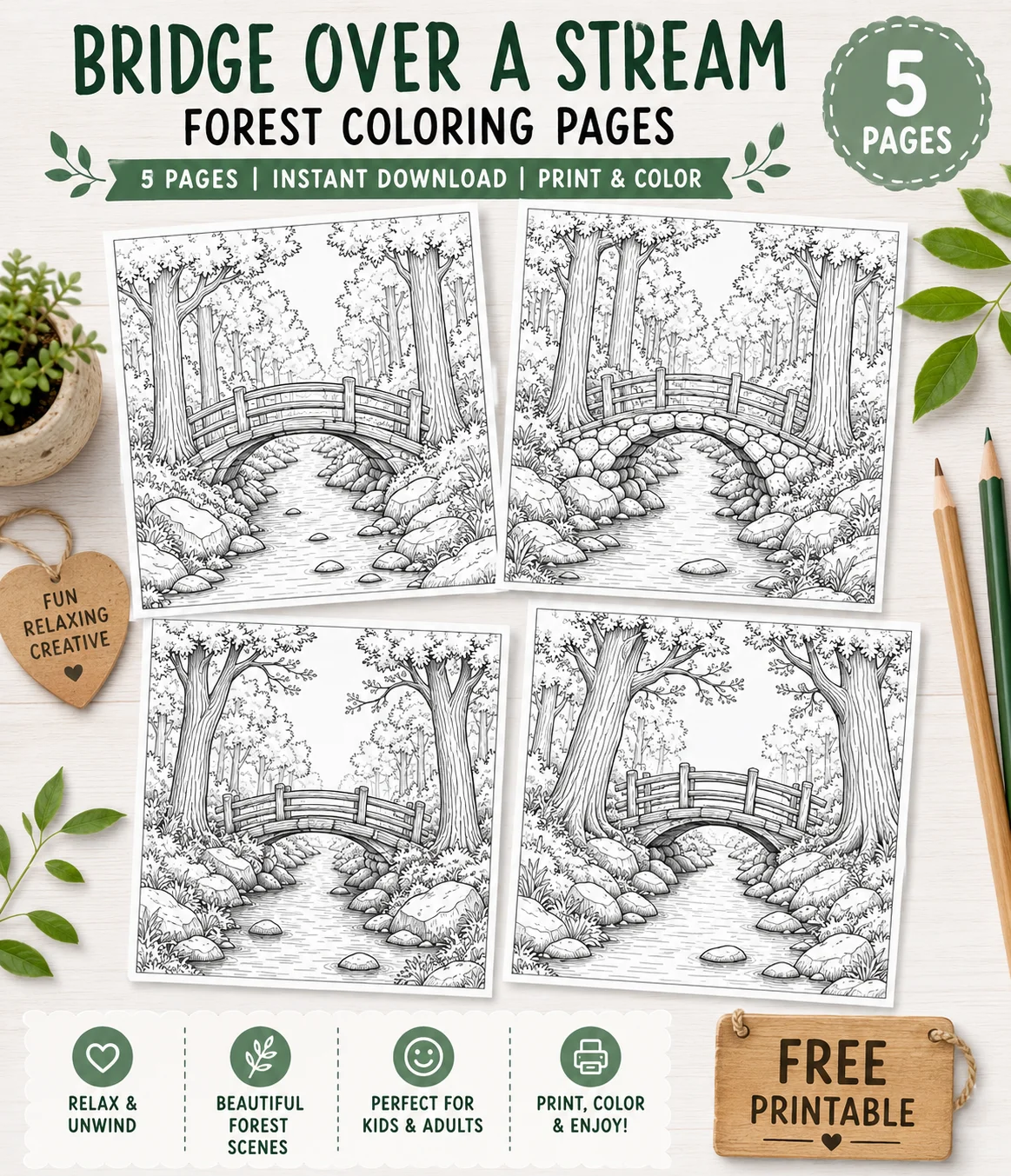 Free A Bridge Over a Stream in the Middle of a Forest Coloring Pages printable PDF download