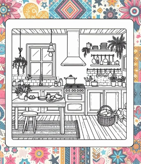 A Cozy Kitchen - 4 Cute Free Coloring Pages for Adults printable PDF