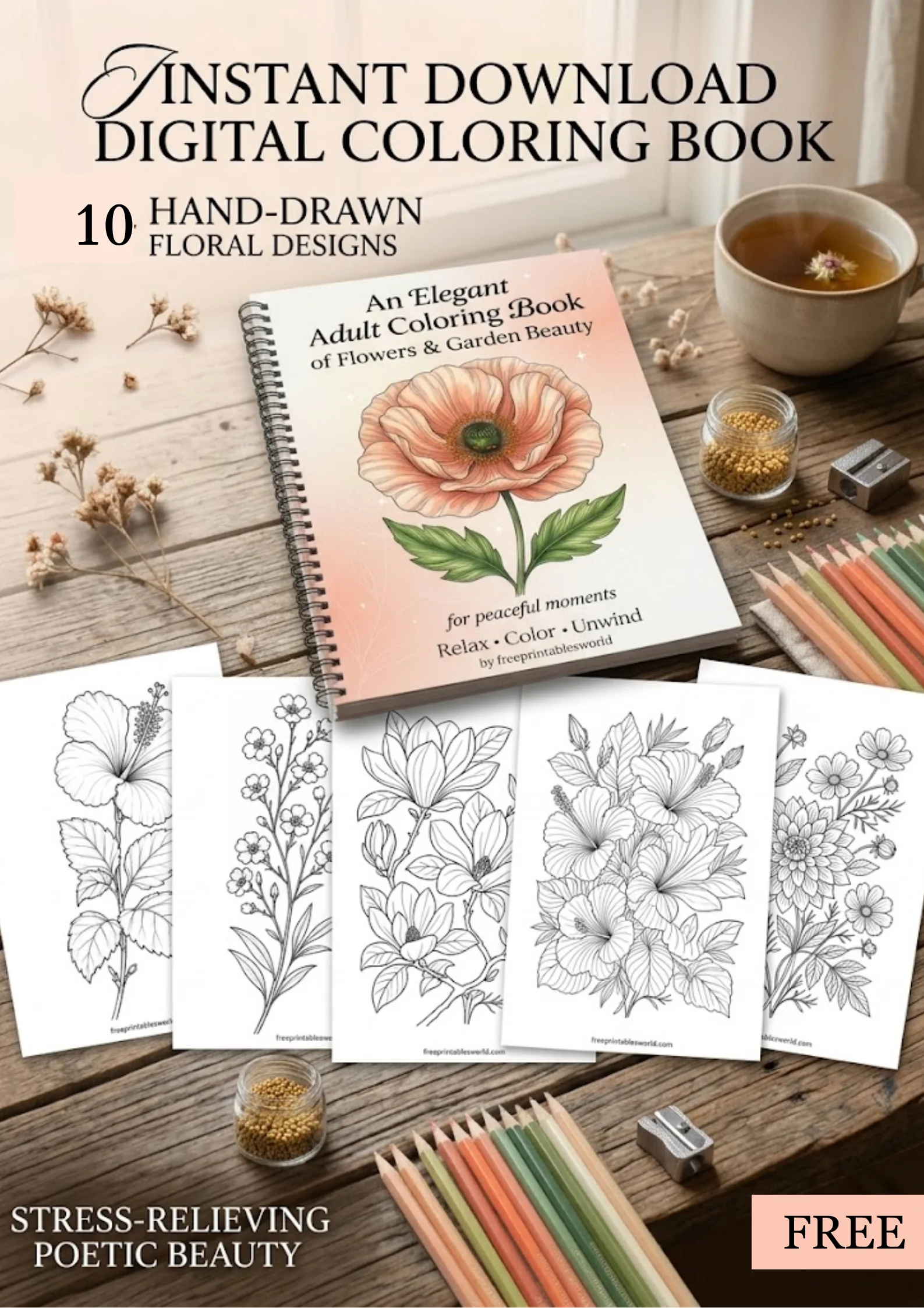 Free An Elegant Adult Coloring Book of Flowers & Garden Beauty – 10 Free A4 PDF Pages printable PDF download