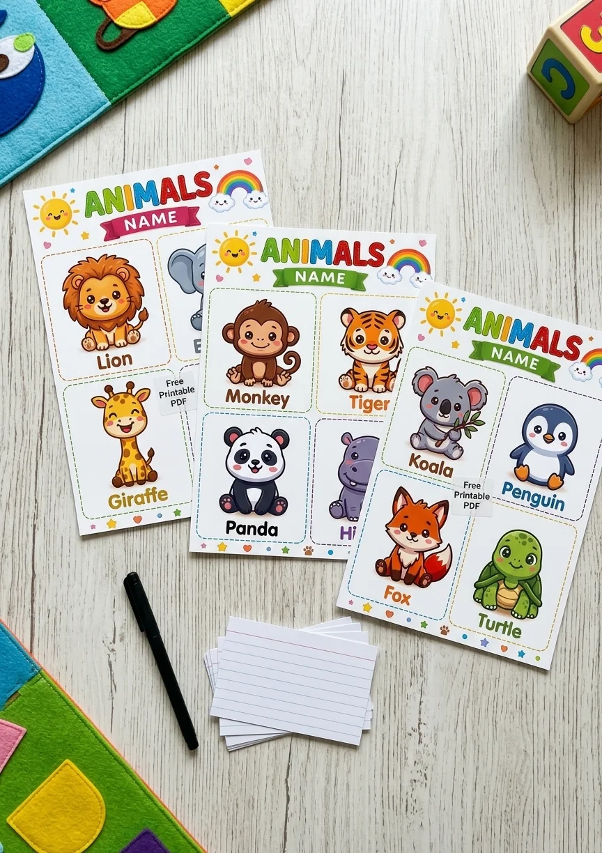 Free Animal Name Flashcards for Kids | Free Printable Toddler Worksheets PDF printable PDF