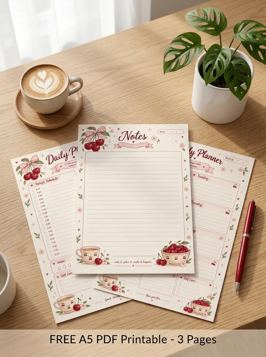 Free Cherry A5 Planner Printable PDF – Daily, Weekly & Notes printable PDF download
