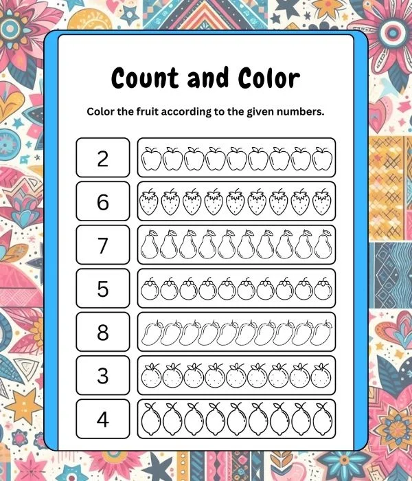 Count and Color Activity for Kids printable PDF