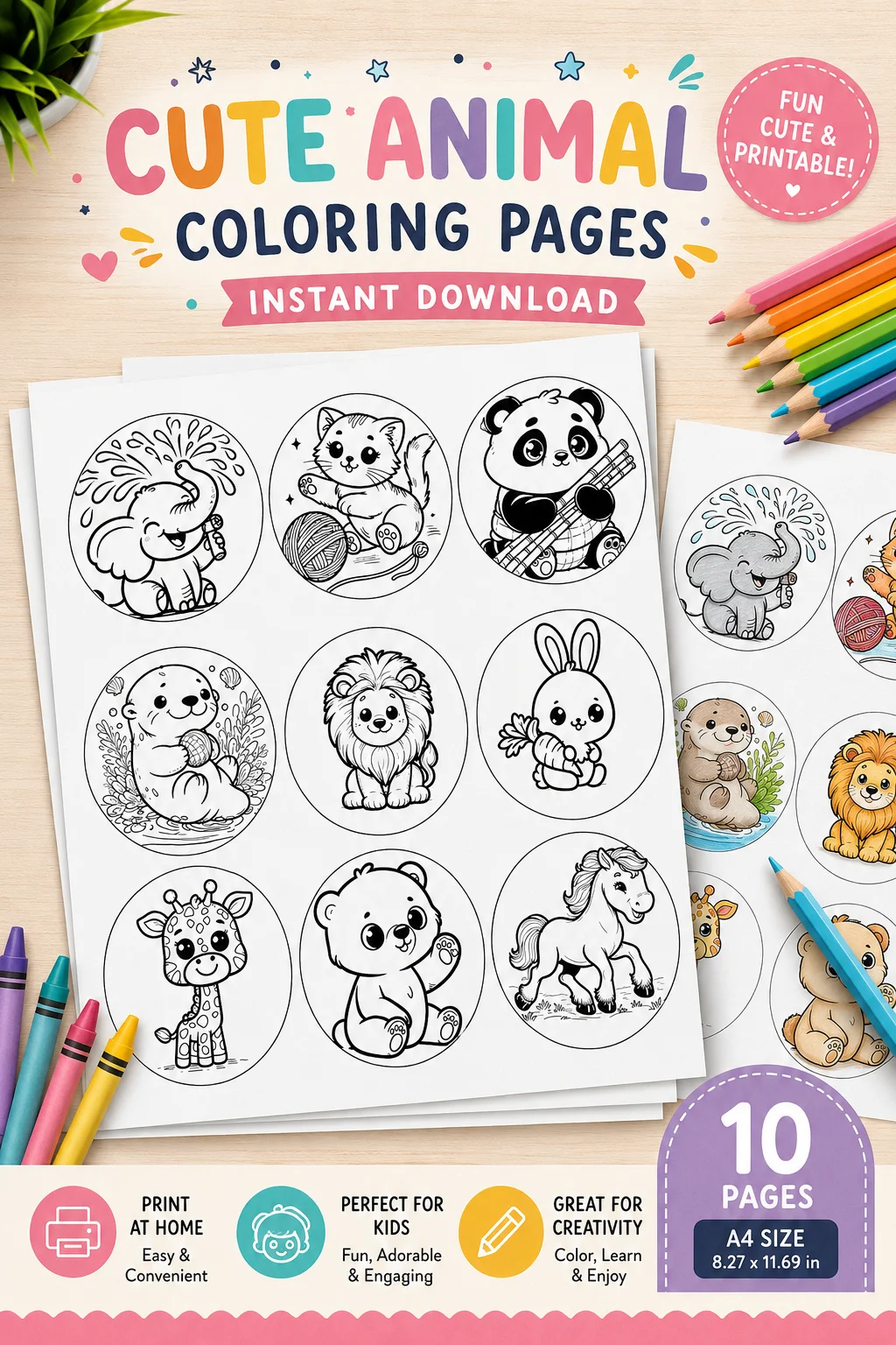 Cute Animal Coloring Pages Printable PDF | 10 A4 Sheets printable PDF