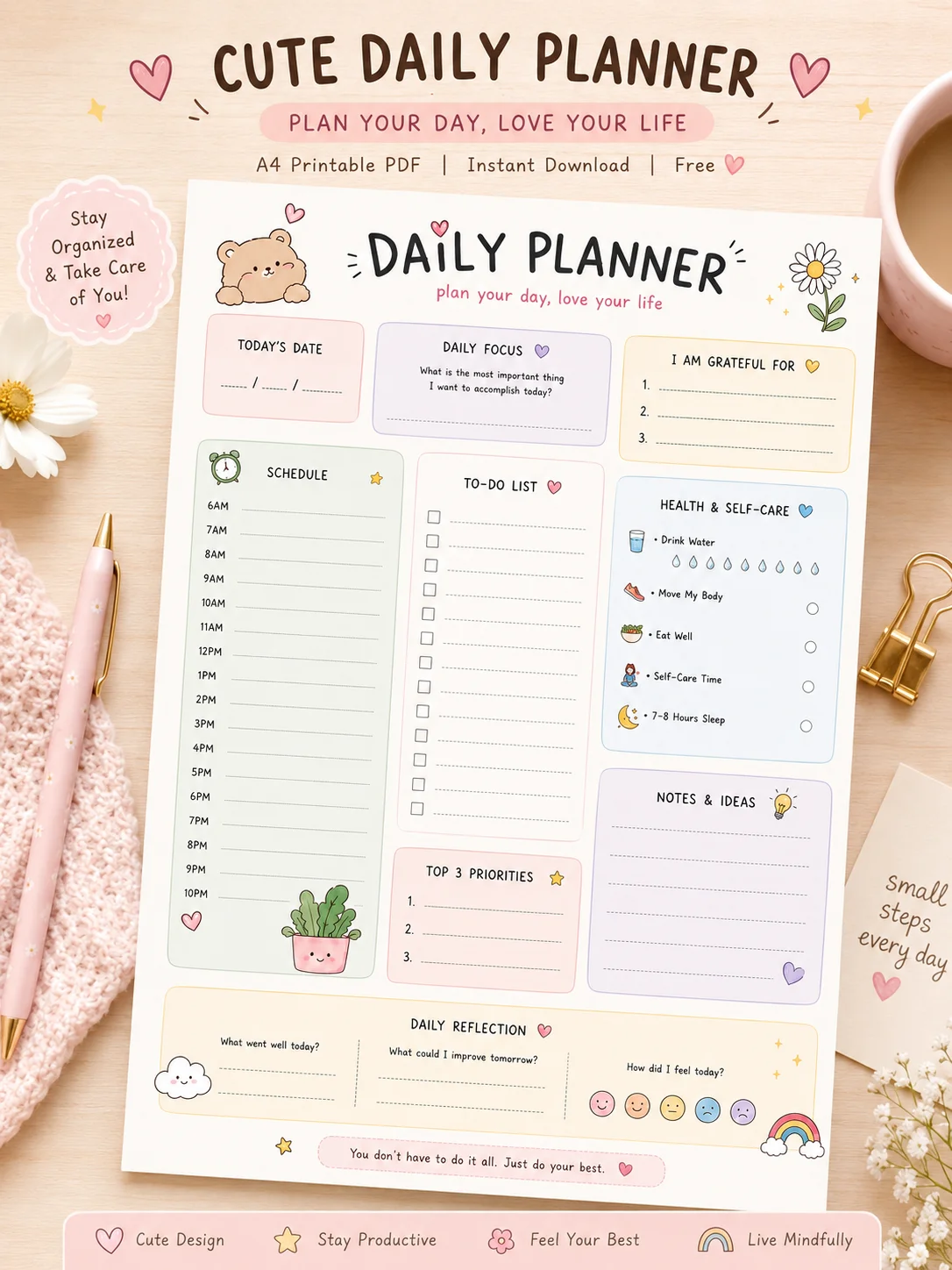 Cute Daily Planner Printable PDF (A4) | Daily Schedule, To-Do List & Habit Tracker | 31 pages printable PDF