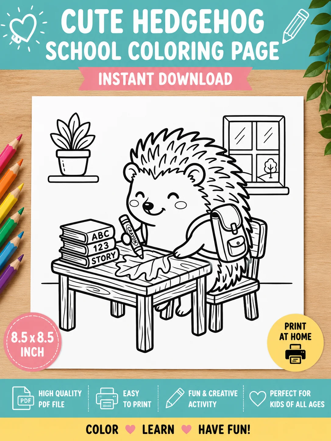 Free printable Cute Hedgehog School Coloring Page Printable | Woodland Animal Back to School Coloring Sheet — PDF download