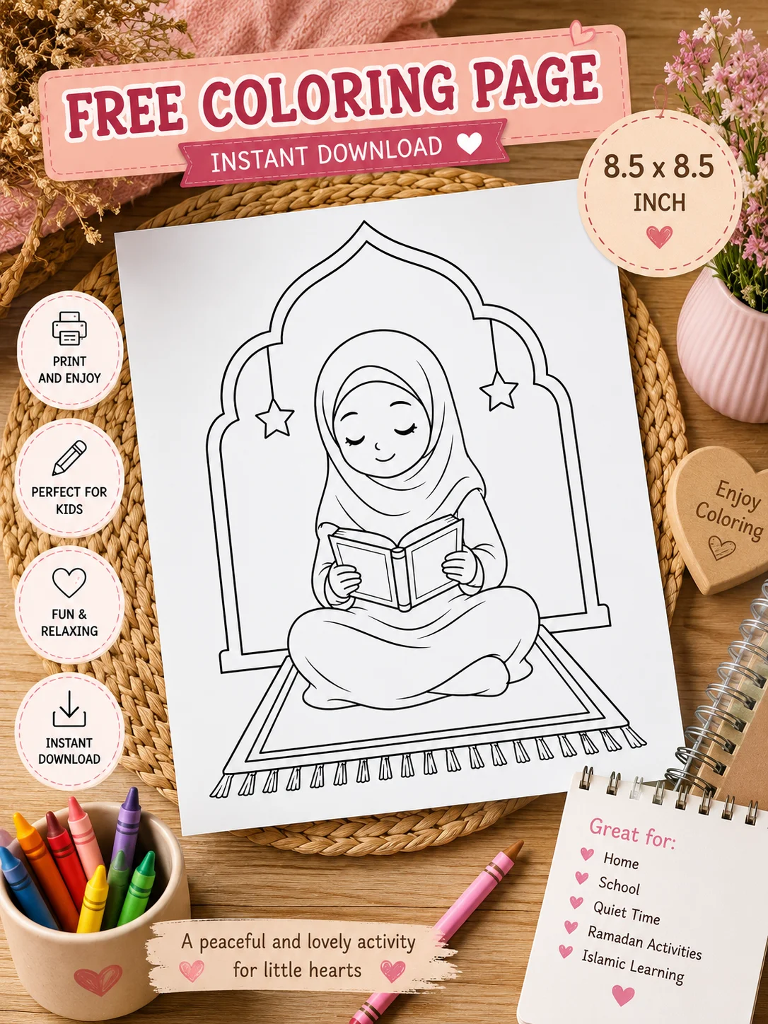 Free Cute Muslim Girl Reading the Quran Coloring Page for Kids | Free Printable Islamic Coloring Sheet printable PDF