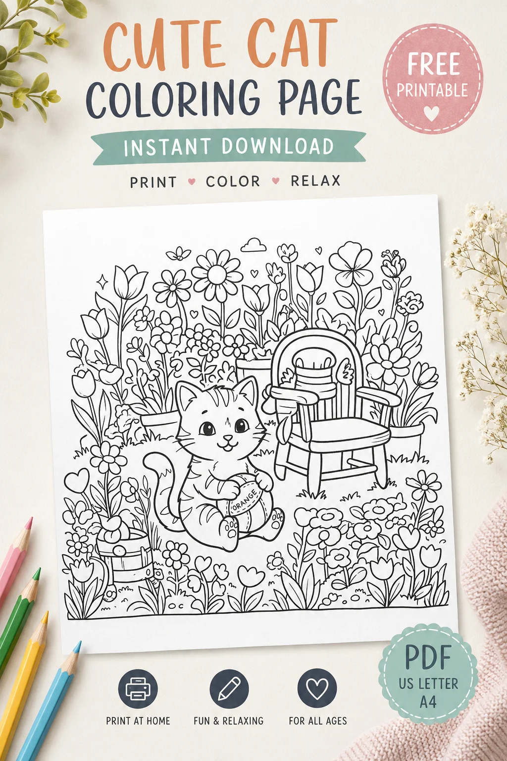 Free Cute Orange Cat Coloring Page Printable PDF – Easy & Relaxing Coloring Sheet for Adults printable PDF