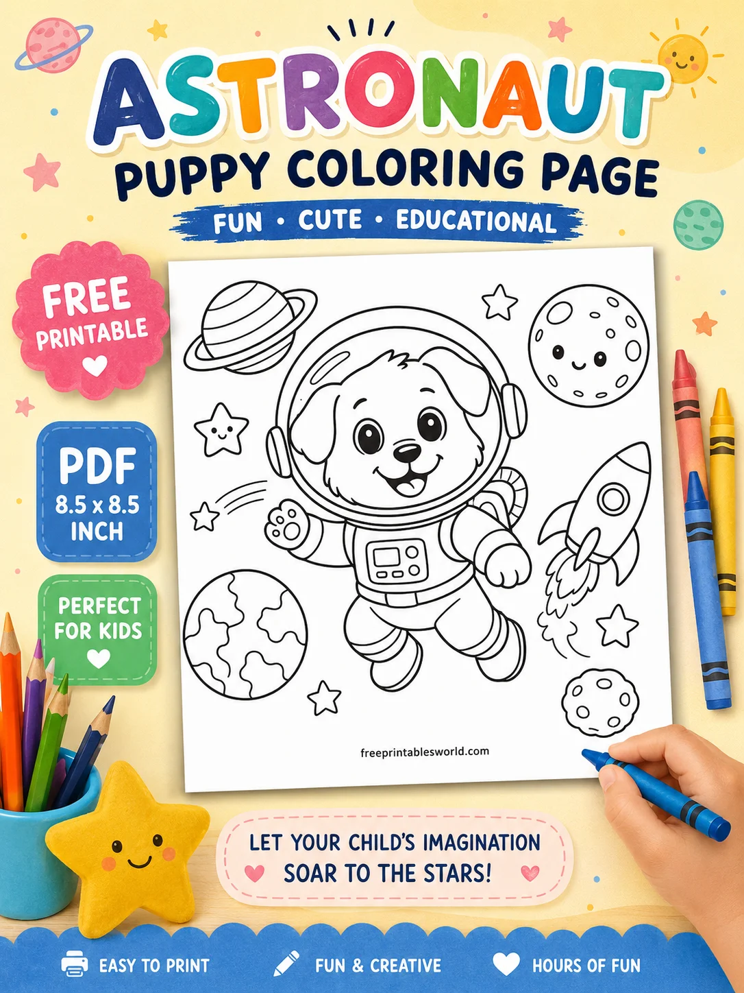 Free Cute Puppy Astronaut Coloring Page for Kids – Free Space Printable PDF printable — PDF download