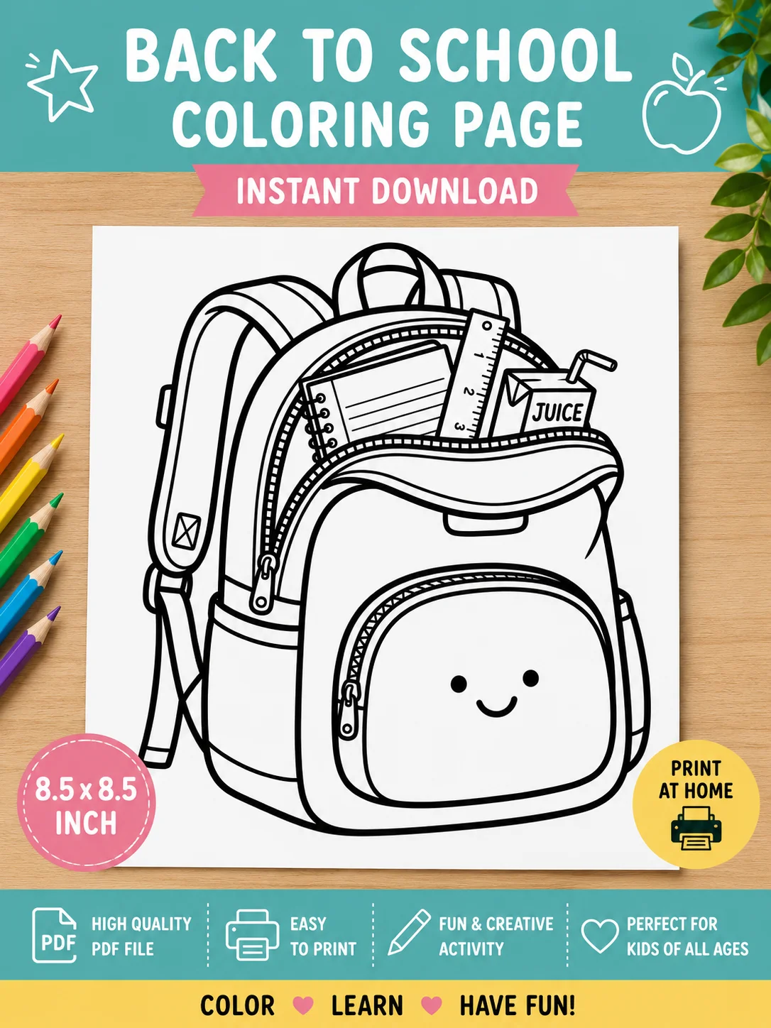Free printable Cute School Backpack Coloring Page Printable | Back to School Backpack Coloring Sheet for Kids — PDF download