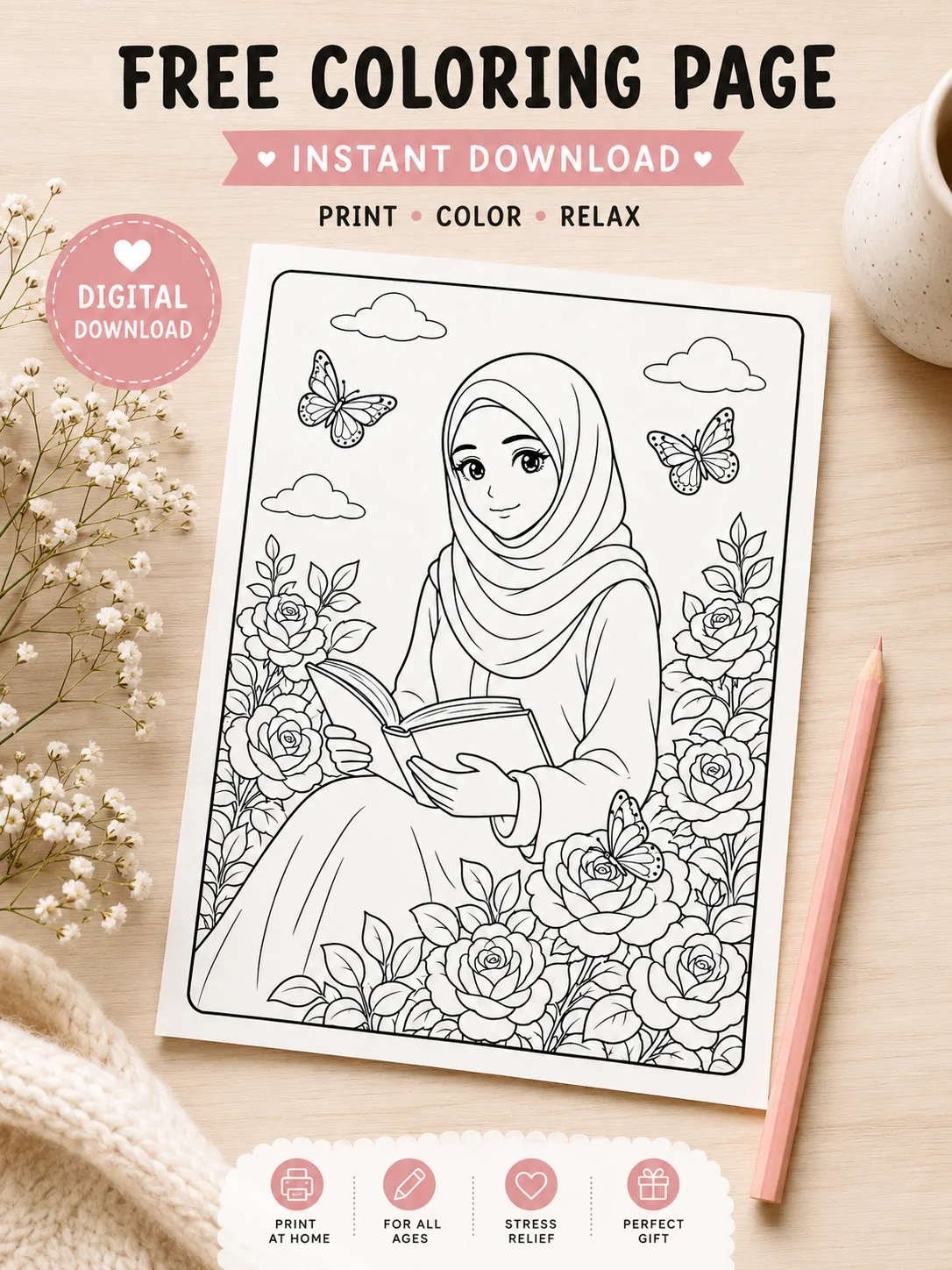 Free printable Elegant Hijab Girl Reading Coloring Page – Floral and Butterfly Design for Adults — PDF download
