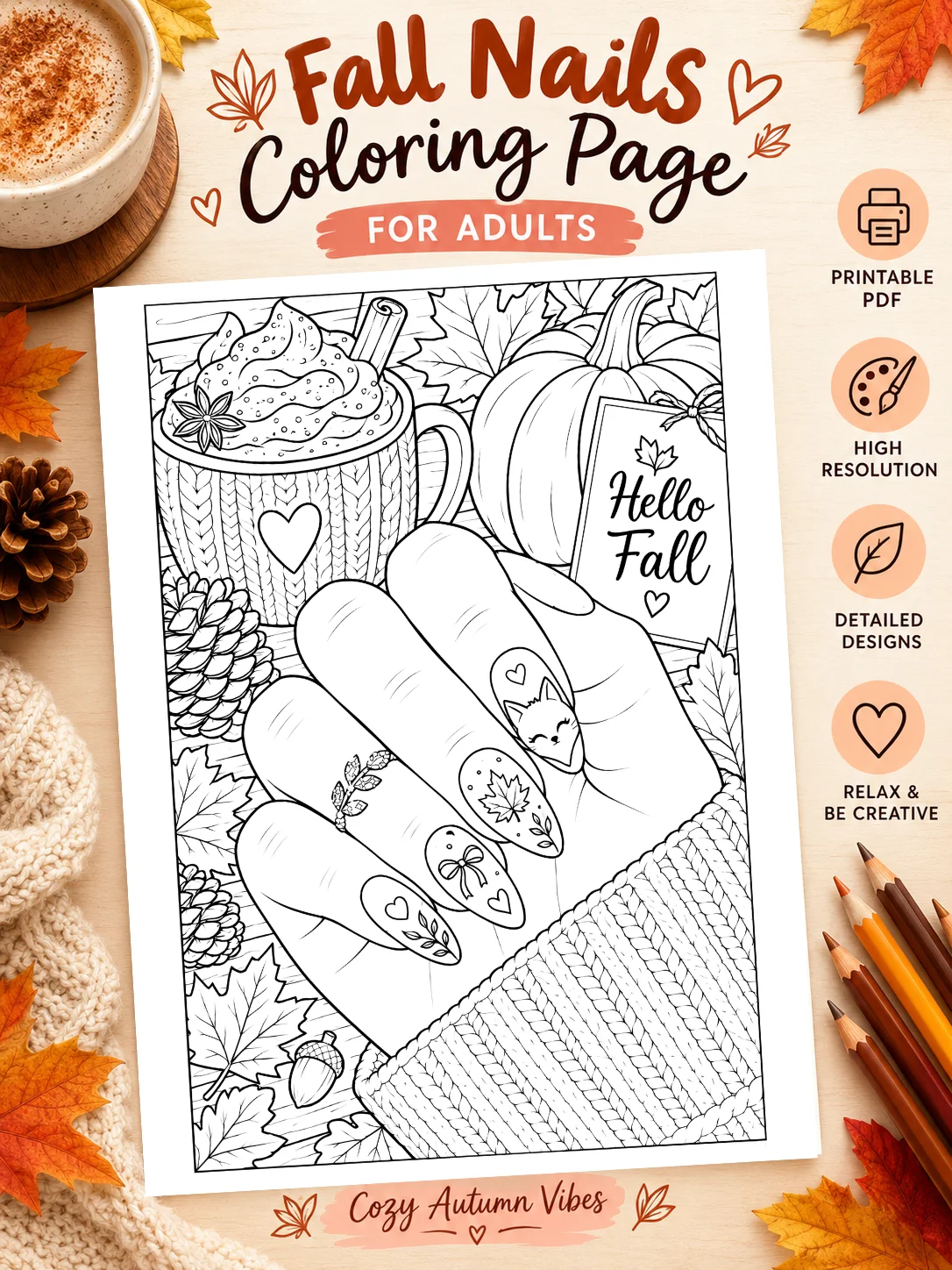 Free Fall Nails Coloring Page | Cozy Autumn Nail Art Printable printable PDF download