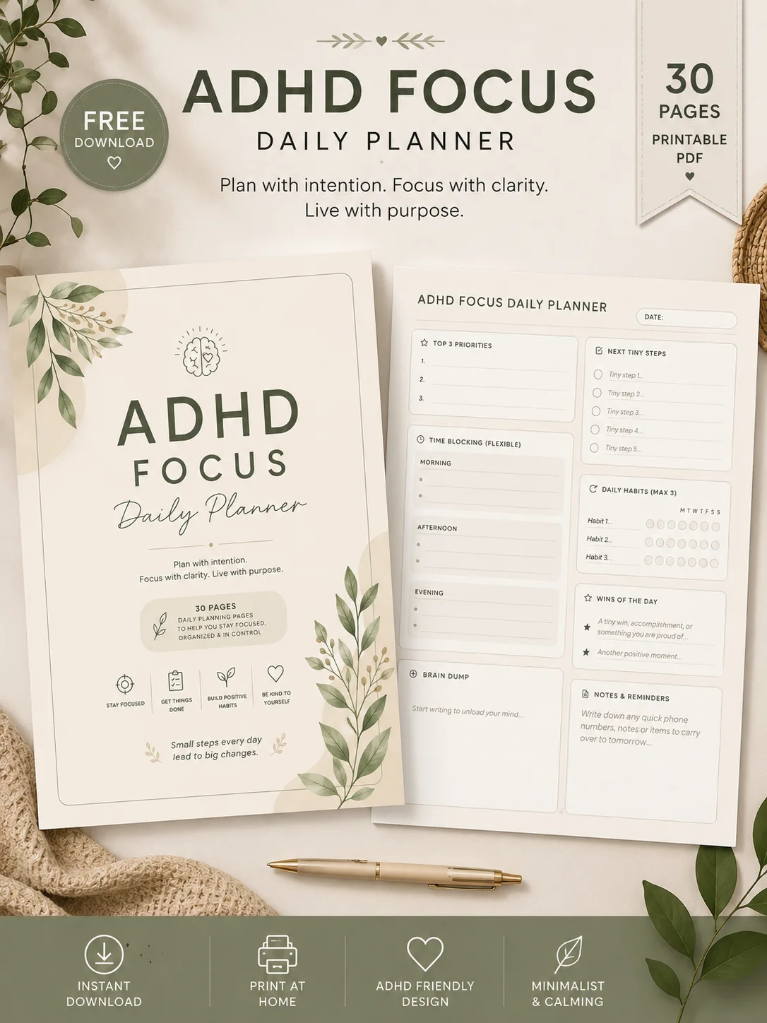 Free ADHD Focus Daily Planner Printable PDF (30 Pages) – Minimalist Daily Planner for Productivity & Organization printable PDF