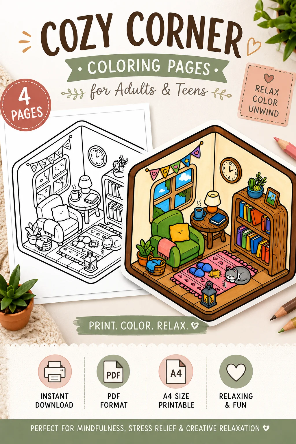 Free Cozy Corner Coloring Pages for Adults (4 Printable PDF Pages) | Relaxing Reading Nook Coloring Sheets printable PDF