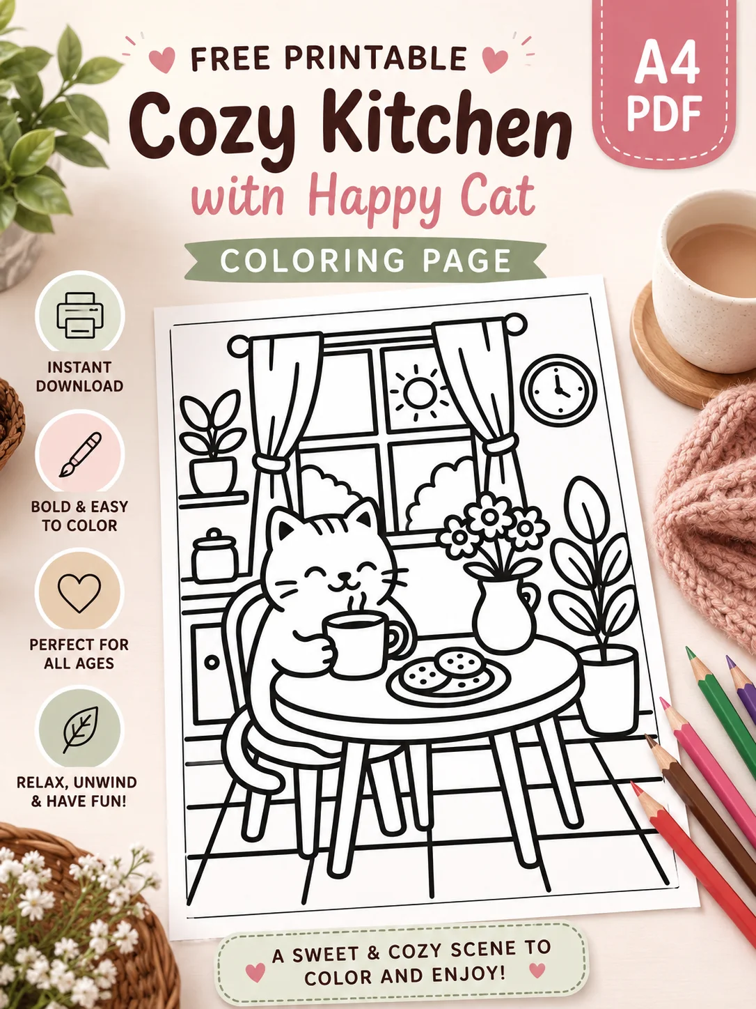 Free Free Cozy Kitchen with Happy Cat Coloring Page – Printable A4 PDF  Bold & Easy for Adults printable PDF