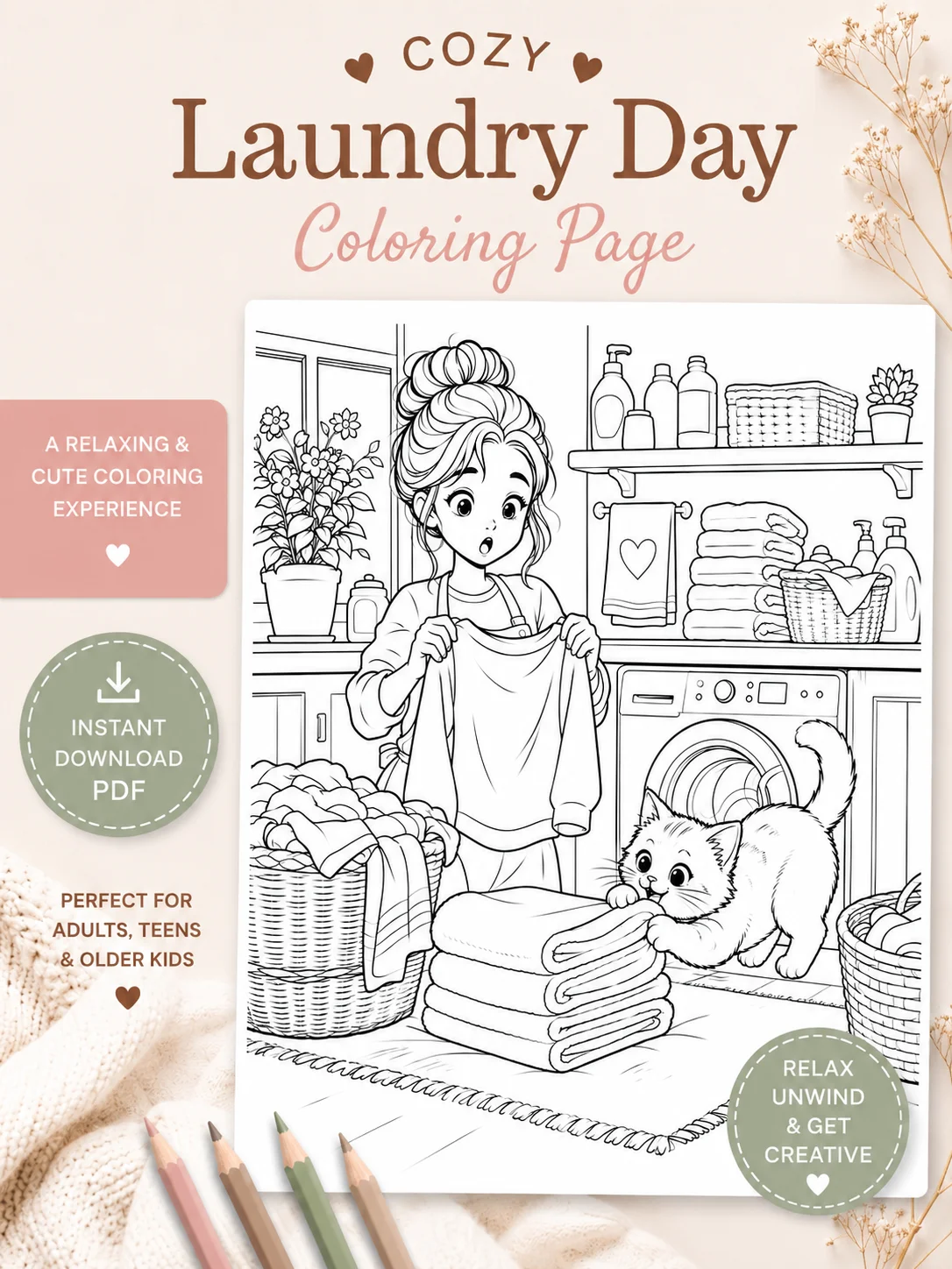 Free Free Cozy Laundry Day Coloring Page Printable PDF | Cute Girl & Playful Kitten Coloring Page for Adults, Teens printable PDF