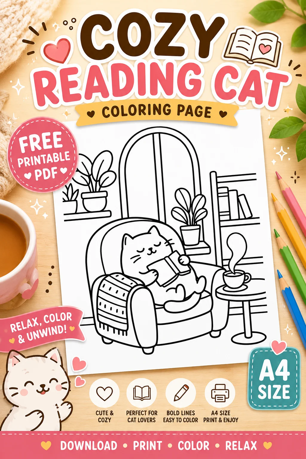 Free Free Cozy Reading Cat Coloring Page Printable PDF (A4) | Cute Cozy Cat with Book printable PDF