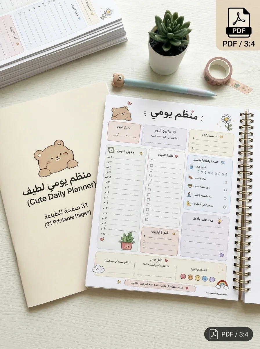 Free Free Cute Arabic Daily Planner Printable PDF – 31 Pages with Cover printable PDF