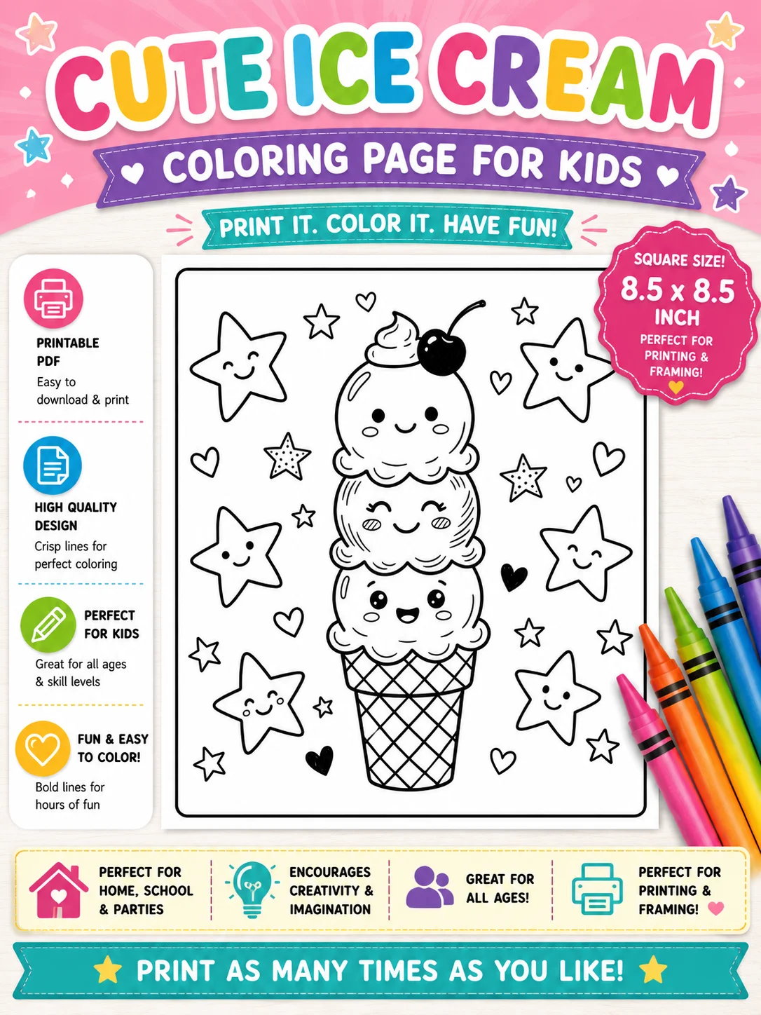 Free Free Cute Kawaii Ice Cream Coloring Page for Kids (Printable PDF) printable PDF