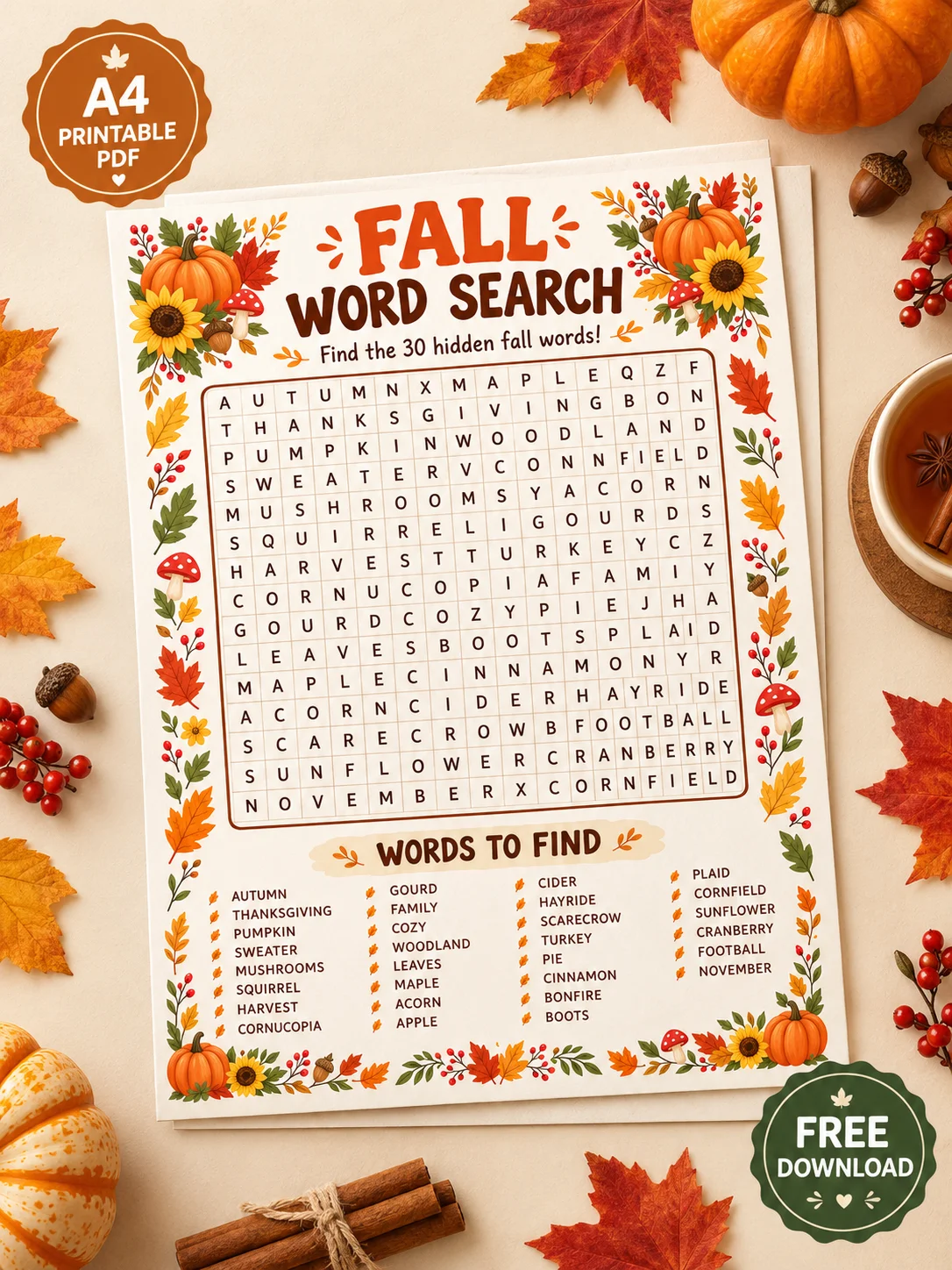 Free Free Fall Word Search Printable PDF | 30 Autumn Words Puzzle for Adults | Thanksgiving Activity printable PDF download