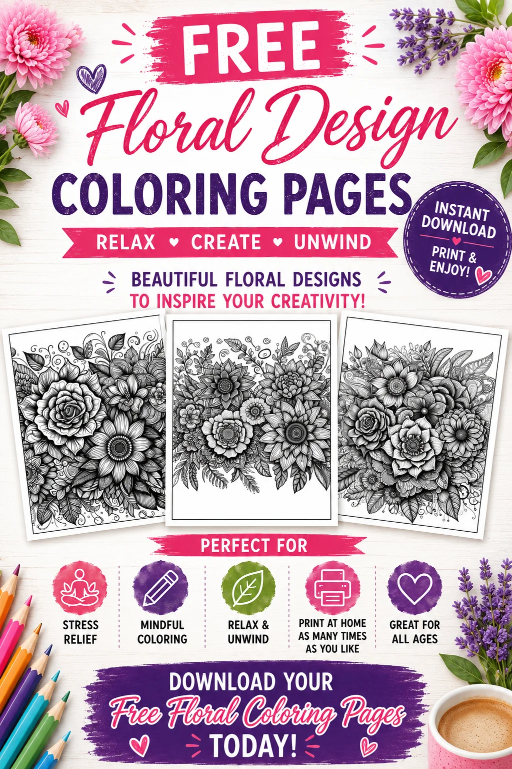 Free Floral Design Coloring Pages for Adults — PDF Print printable PDF