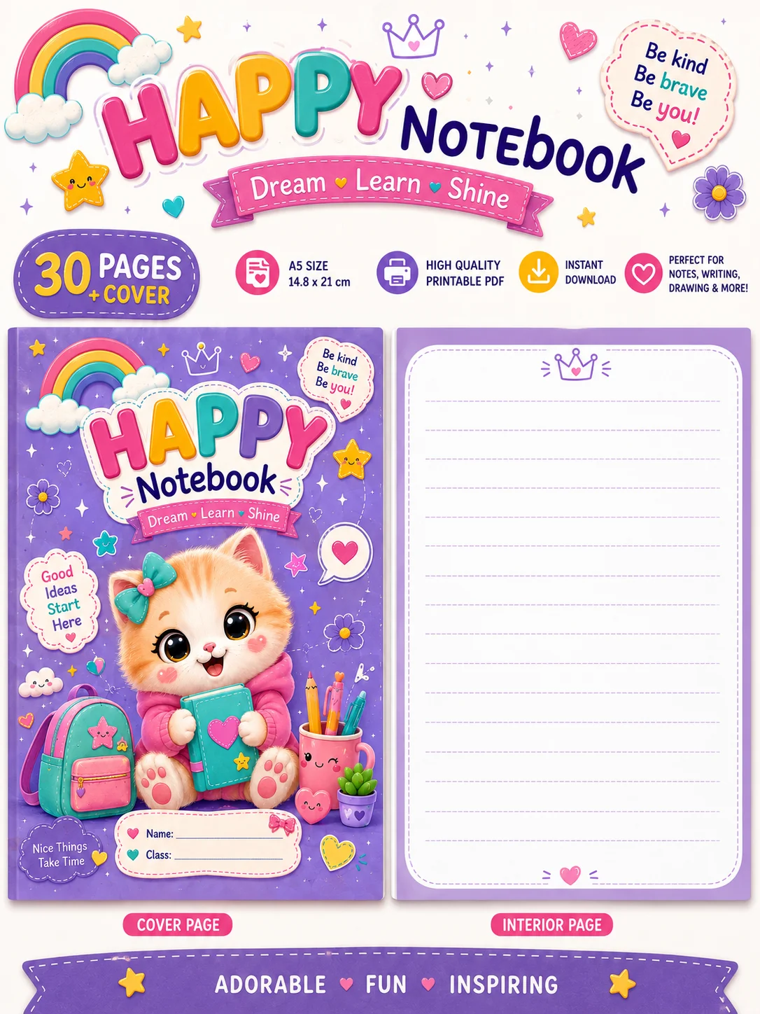 Free Free Happy Notebook for Kids – Cute Cat Lover A5 Printable PDF | Adorable Writing Journal printable PDF