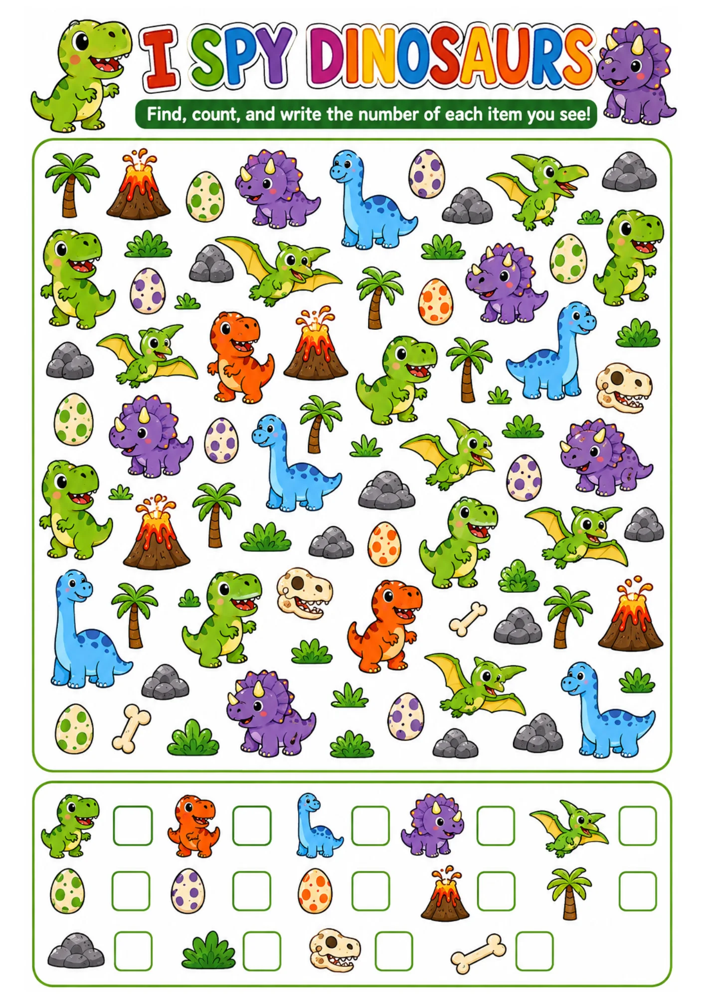 Free Free I Spy Dinosaurs Printable Worksheet PDF (A4) – Dinosaur Counting Activity for Preschool & Kindergarten printable PDF