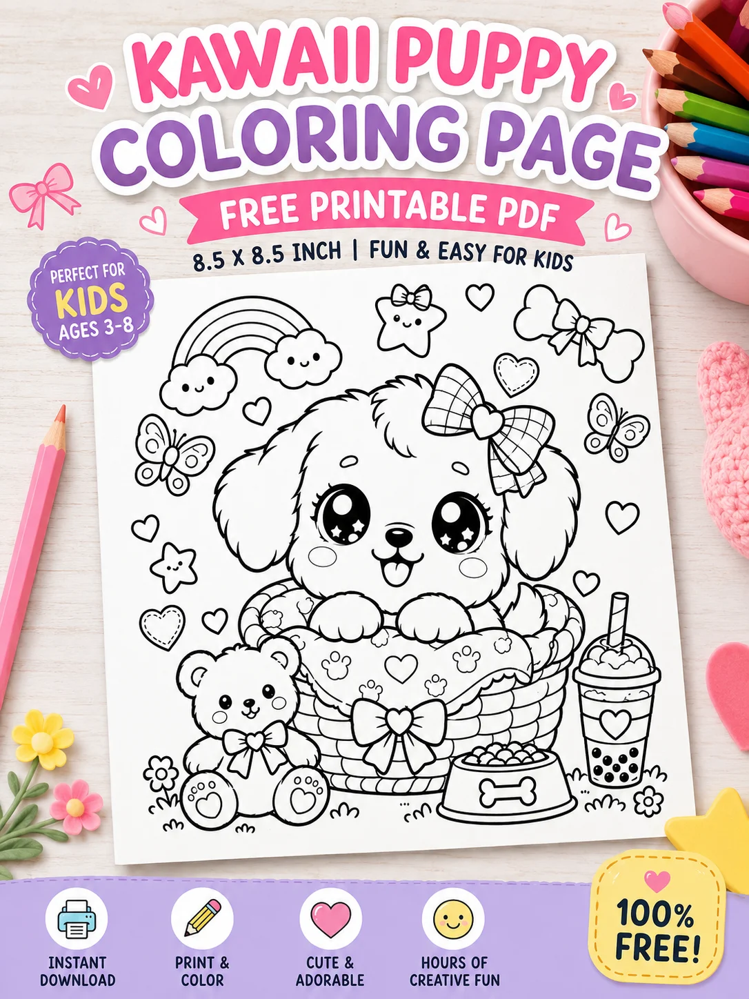 Free Free Kawaii Puppy Coloring Page for Kids – Cute Printable PDF printable PDF