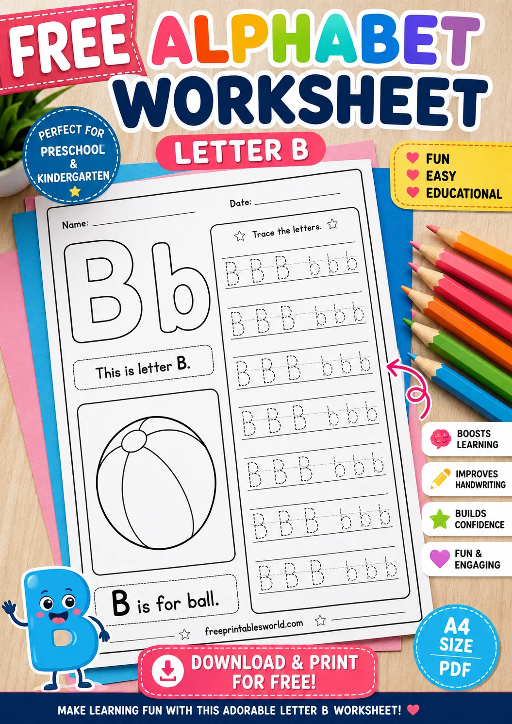 Free Free Letter B Worksheet Printable PDF | Alphabet Tracing & B Is for Ball printable PDF