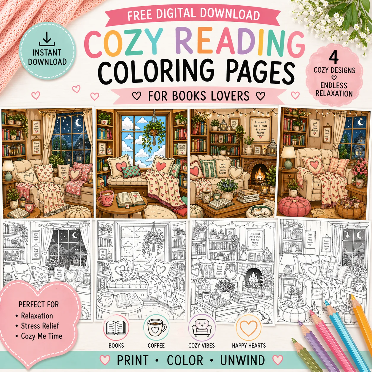 free PDF printable Cozy Reading places Coloring Pages for Adults printable PDF