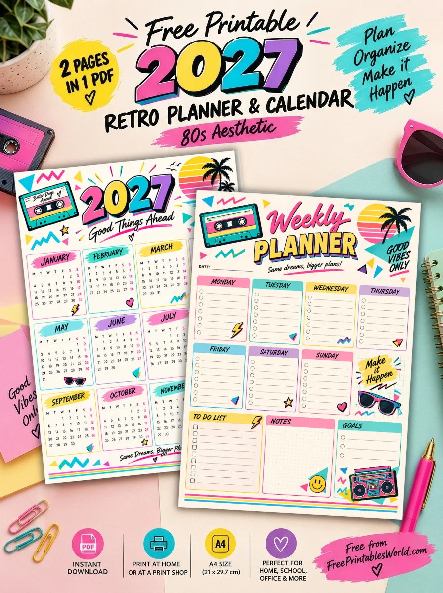 Free Free Printable 2027 Retro Planner & Calendar PDF – 80s Aesthetic printable PDF download