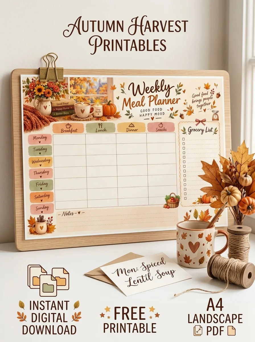 Free Free Printable Cozy Fall Weekly Meal Planner | Autumn Meal Plan & Grocery List | A4 Landscape PDF printable PDF download