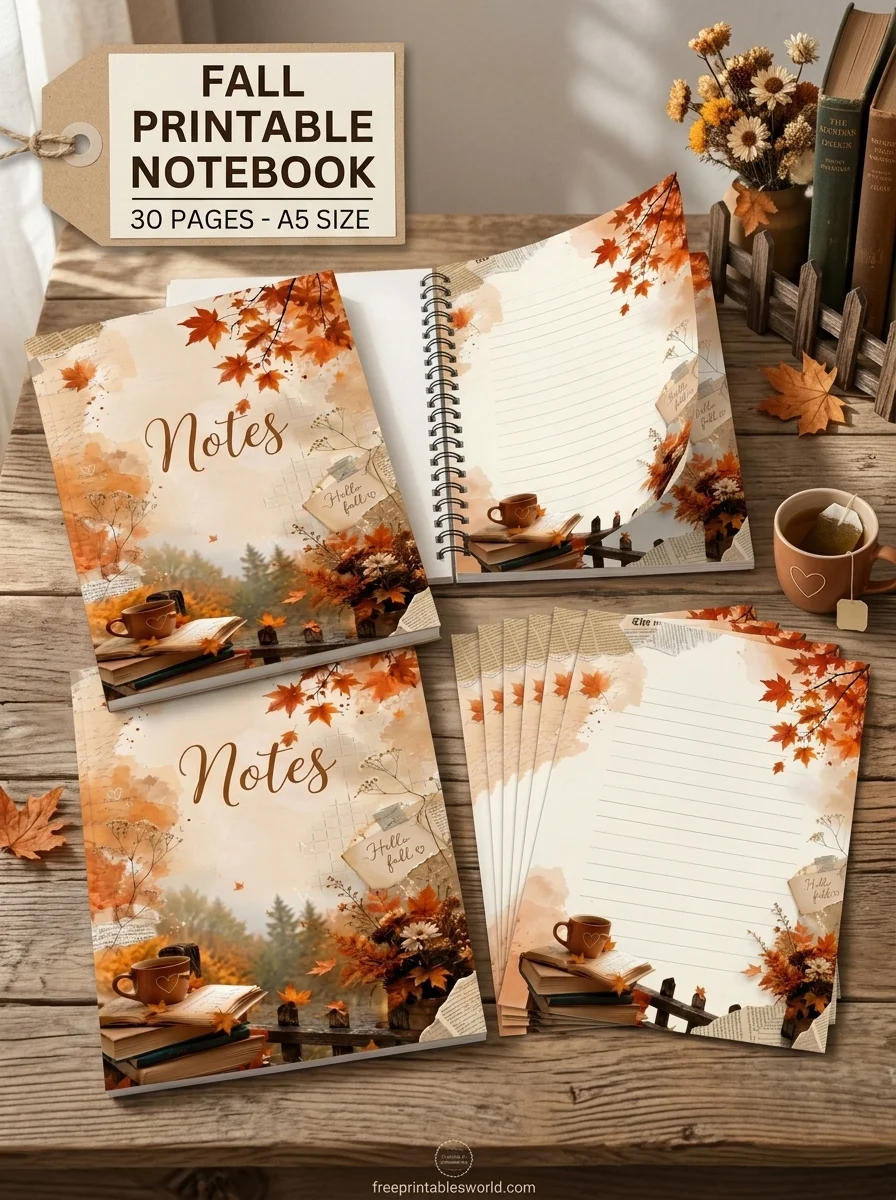 Free Free Printable Fall Notes & Journal Pages | 30-Page A5 Autumn Notebook + Cover PDF printable PDF download