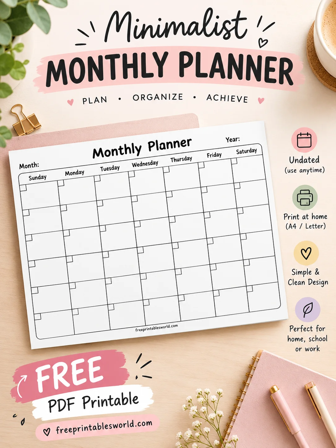 Free Free Printable Minimalist Monthly Planner (Undated PDF) printable PDF download