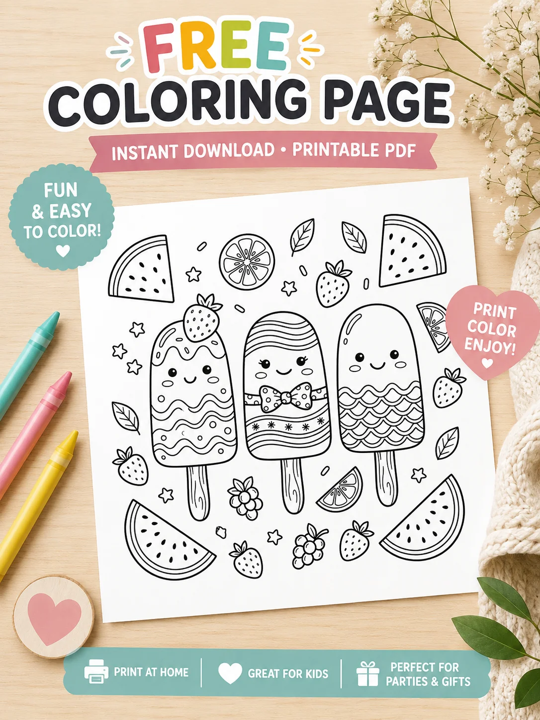 Free Free Printable Summer Popsicles & Fruit Coloring Page for Kids printable PDF
