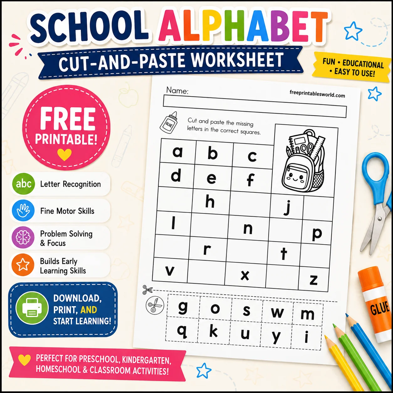 Free Free School Alphabet Cut-and-Paste Worksheet Printable PDF | Missing Letters Activity for Preschool & Kindergarten printable PDF