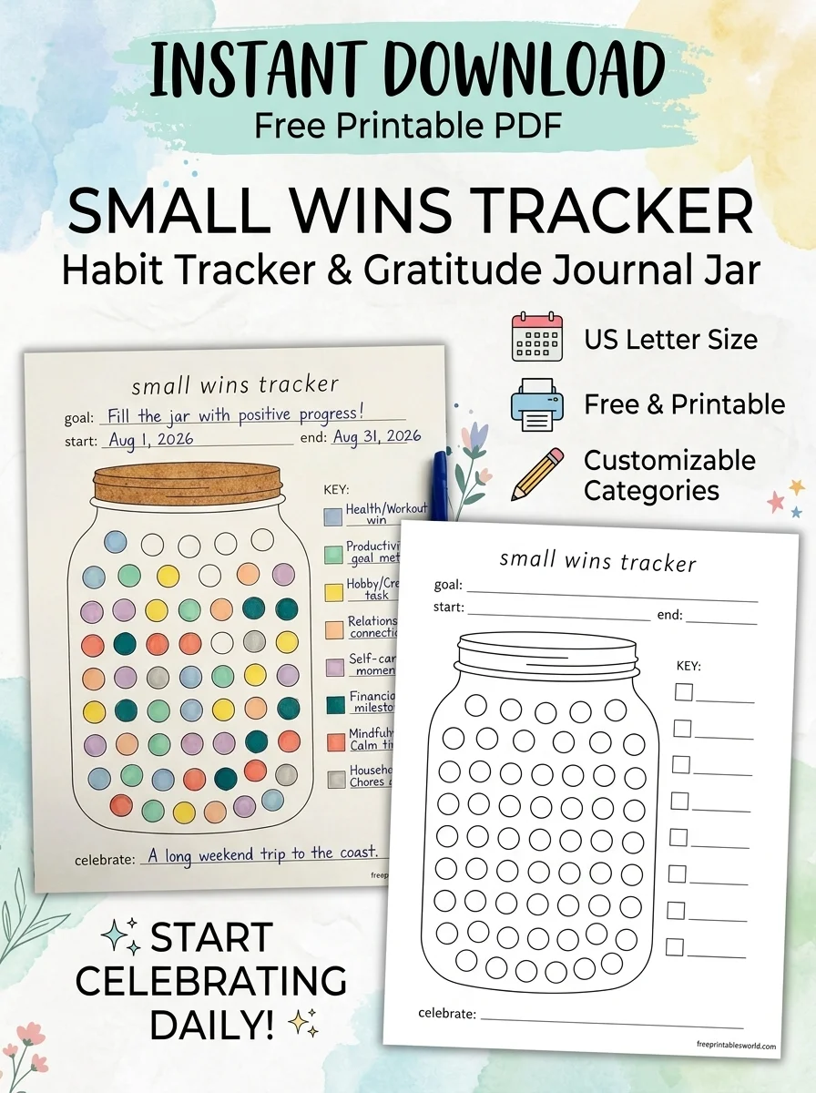 Free Free Small Wins Tracker Printable PDF | Motivation & Self-Care Adulting Planner | Color-In Jar Habit Tracker – US Letter printable PDF download