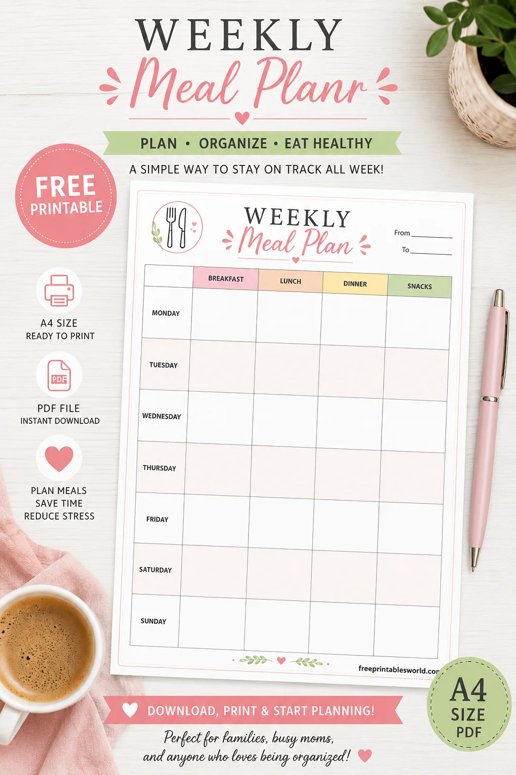 Free Free Weekly Meal Plan Template PDF – Printable Breakfast, Lunch, Dinner & Snacks Planner printable PDF download