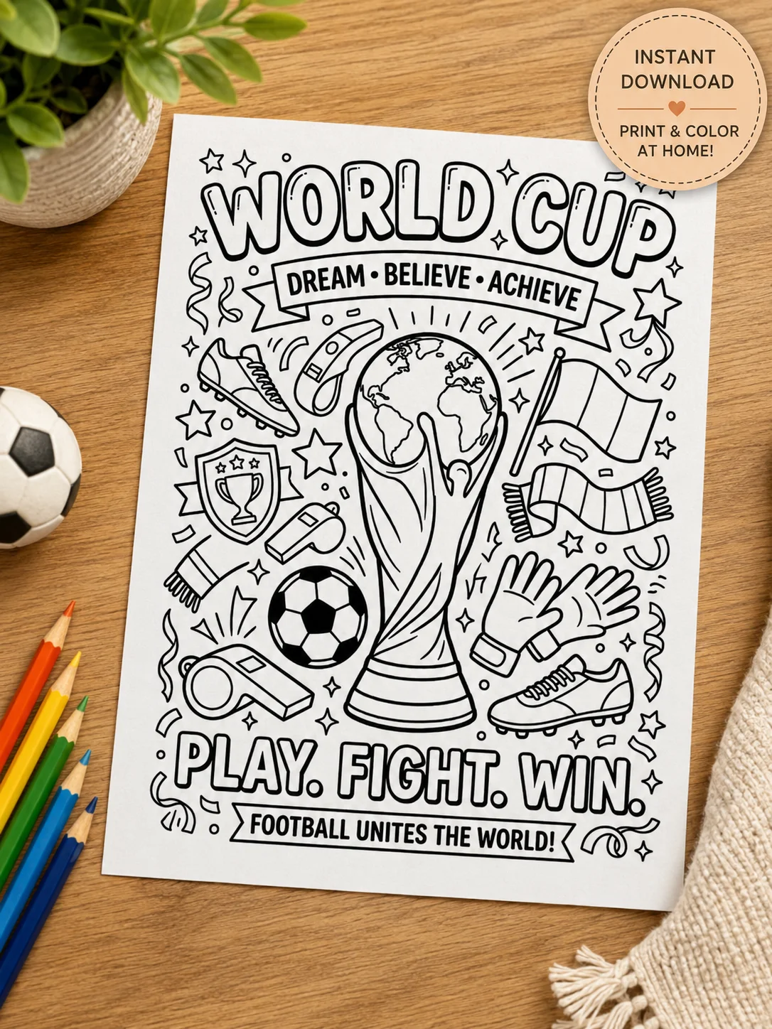 Free World Cup Soccer Coloring Page Printable PDF | Football Coloring Sheet for Kids & Adults | Sports Activity | Instant Download printable PDF