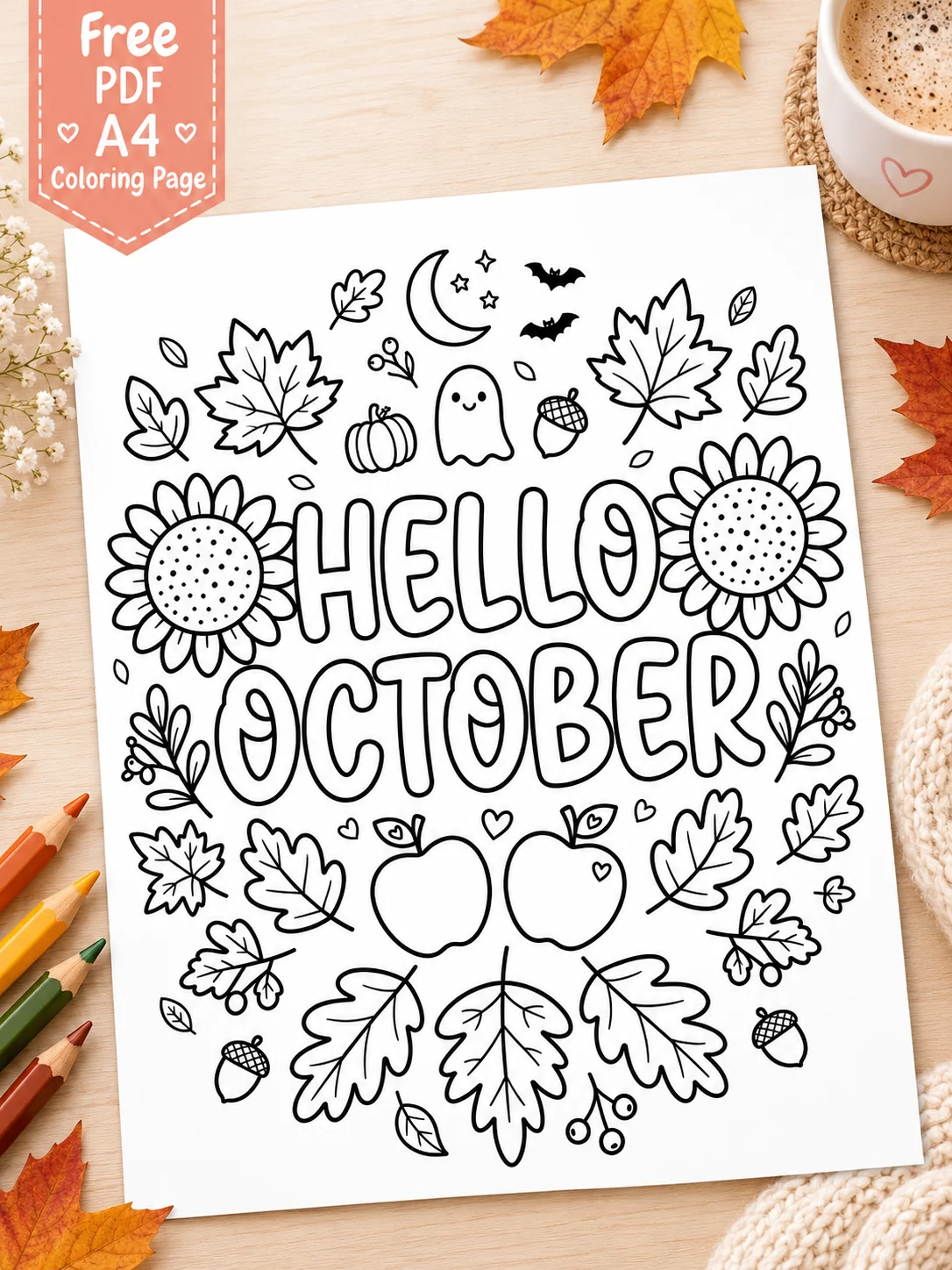Free Hello October Coloring Pages – Free Printable Fall & Halloween A4 PDF printable PDF download