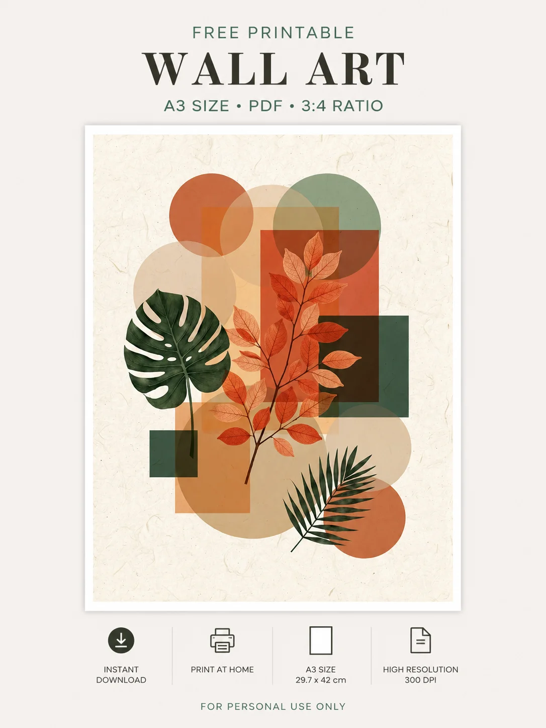 Free Modern Botanical Wall Art Printable PDF | A3 Size Digital Download printable PDF