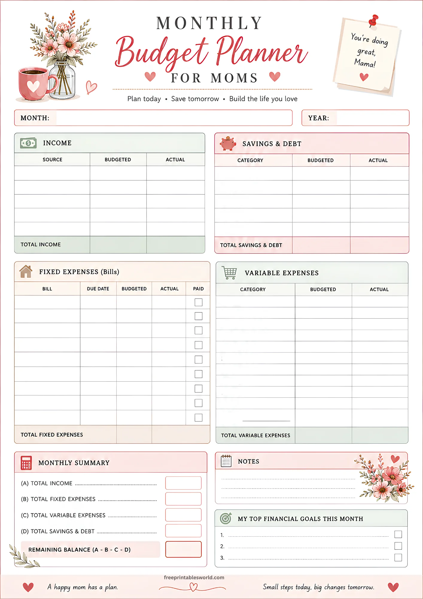 Free Monthly Budget Planner for Moms | Free A4 Printable Budget Sheet PDF Template printable PDF download