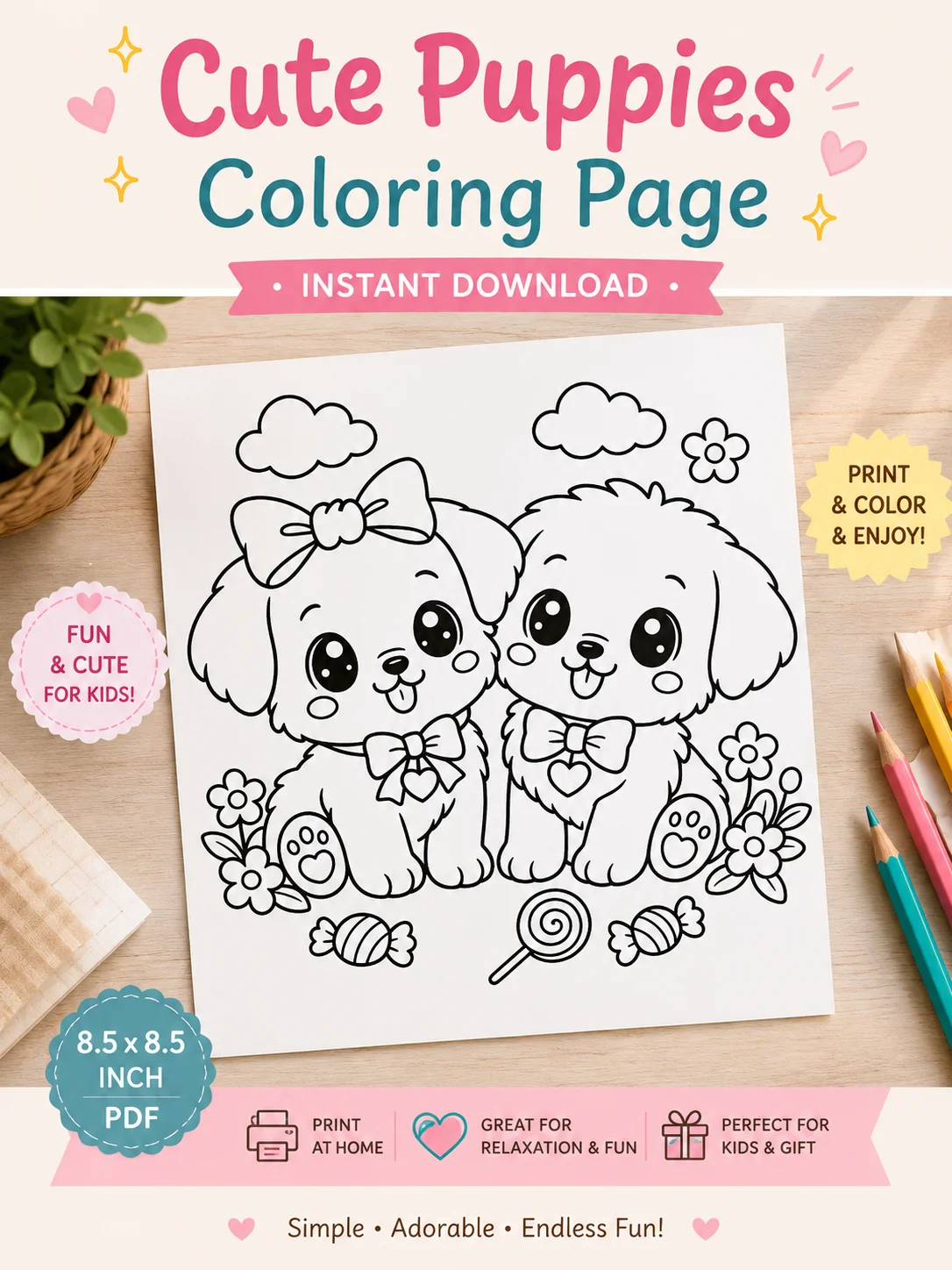 Free Sweet Kawaii Puppy Friends Coloring Page for Kids (Free Printable PDF) printable — PDF download