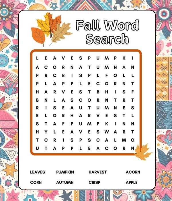 Fall Word Search for Kids