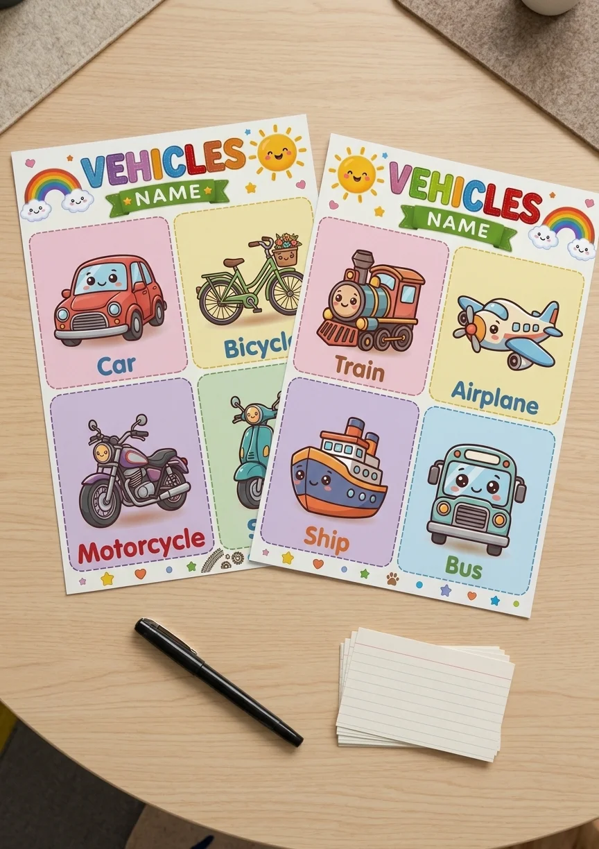 Free Vehicle Name Flashcards for Kids | Free Printable Toddler Worksheets PDF printable PDF download